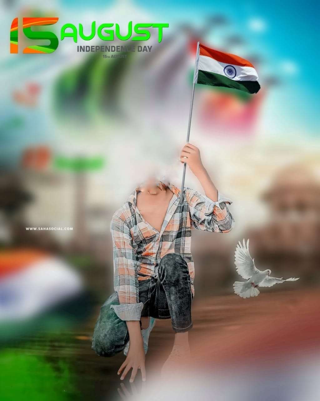 boy without face with indian flag background for 15 august photo editing